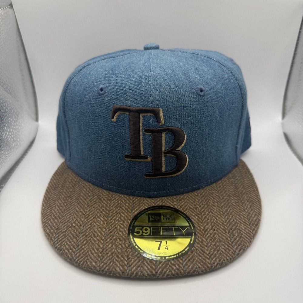 New Era 59FIFTY Tampa Bay Rays Hat Denim Tweed Fitted 7 1/4 Blue Brown‎ Cap